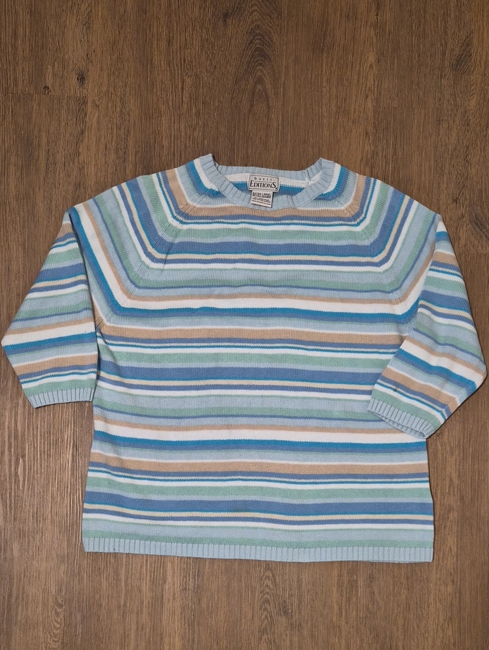 Basic Editions Men Crewneck Sweater in Blue, White & Tan Stripes
